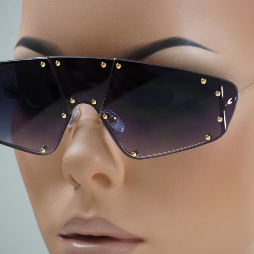 Gold Purple Metal Frame Stud Shield Rimless Sunglasses